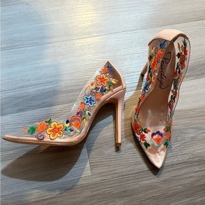 Clear, embroidered beige, privileged brand, high heeled shoes